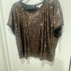 Lucky Brand Black and Brown Sequin Short Sleeve Top